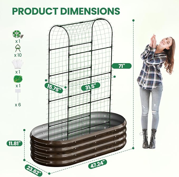 SUNYRISY 2Pack Galvanized Raised Garden Bed with 71in Arch Trellis for Climbing Plants Outdoor Planter Box with Climbing Net for Gardening Flowers Vegetables Fruits Herbs Wood Grain