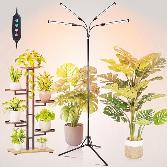 FECiDA 2026 4Head Grow Lights with Upgraded Stand Standing Grow Lights for Indoor Tall Plants Bonsai Tree 4/8/12/16/20 Hr Timer 36 Watt Power Draw NO Need Adapter 24-72 Height Adjustable