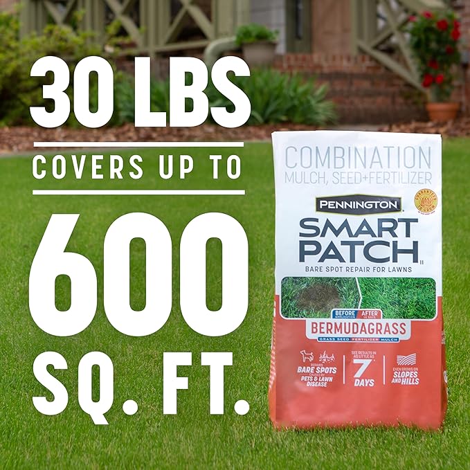Pennington Smart Patch Bermudagrass 30lb 600 sq. ft. Grass Seed Bare Spot Repair with Mulch and Fertilizer