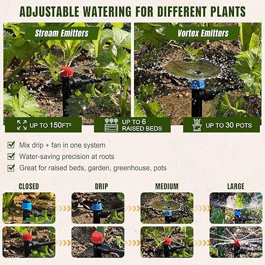 Push-to-Connect Drip Irrigation System Adjustable Irrigation System for Garden Raised Bed Automatic Plant Watering System Complete Drip Irrigation Kit with Drip Emitters Tubing Connectors