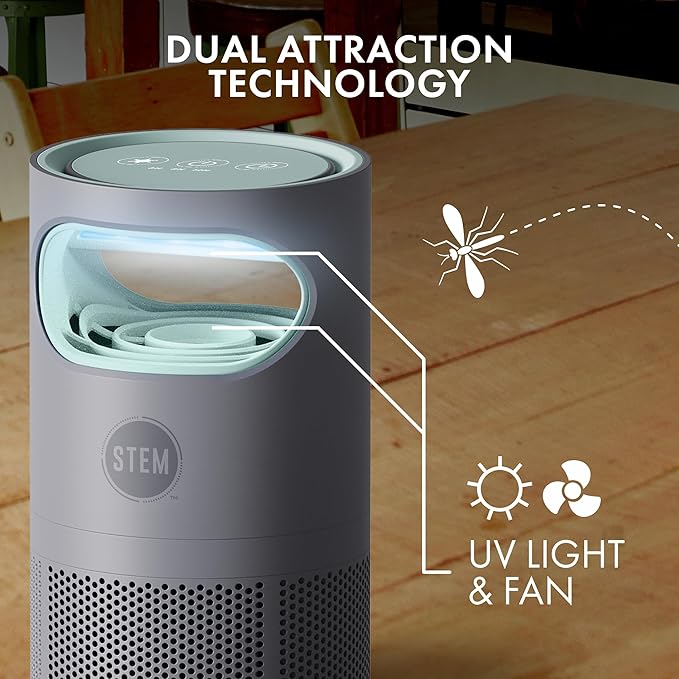 STEM Flying Insect Fan Trap for Indoor Bug Control Attracts Mosquitoes Fruit Flies and House Flies Plug-in Fan with UV Light Starter Kit Includes 2 Devices and 10 Glue Traps