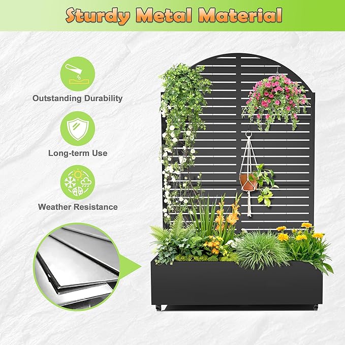 Metal Raised Garden Bed with Trellis 2-in-1 Planter Box &amp Privacy Screen for Climbing Plants Outdoor Standing Flower Bed with Drainage Holes 47.2 L x 16.7 W x 70.8 H Black-Louvered
