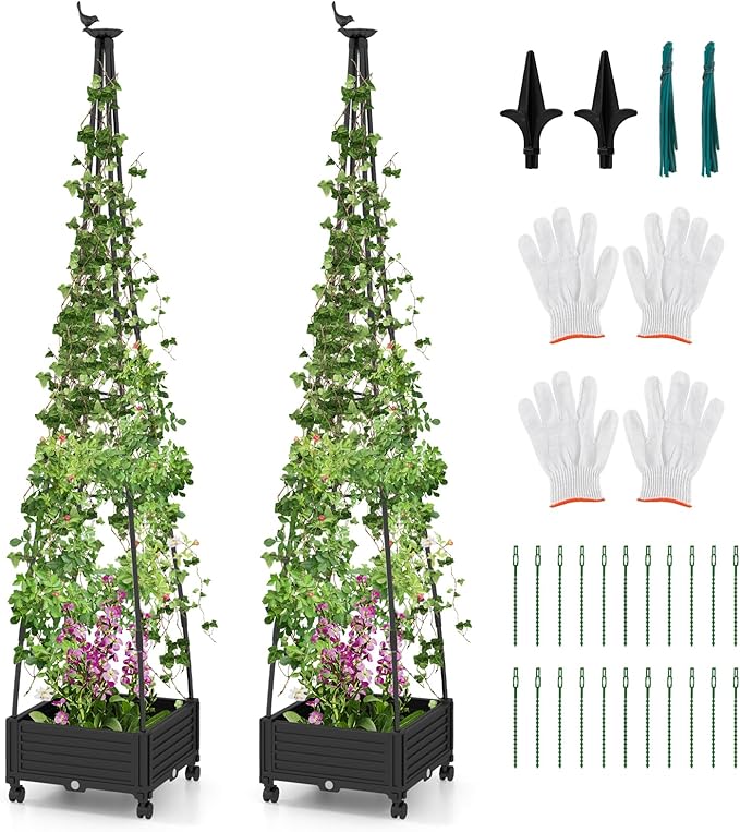 Giantex Set of 2 Rolling Raised Garden Bed with Climbing Trellis Obelisk &amp Bird Top 11 Fasten Straps Gloves Planter Garden Boxes on Wheels Self-Watering System PE-Coated Metal Rack