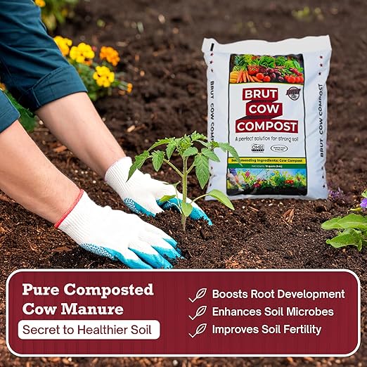 Brut Cow Compost – 4 Pack Nutrient-Rich Composted Cow Manure Organic Soil Amendment – 100% Pure Compost Additive-Free Fertilizer for Vegetable Gardens Flowers Lawns &amp Indoor Plants – 1 Cubic Ft