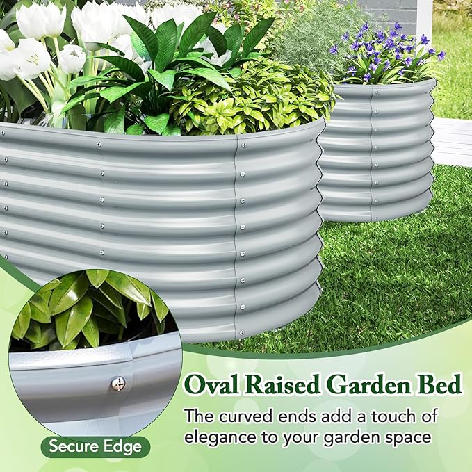Giantex 5x3x2ft Raised Garden Bed Large Metal Elevated Oval Planter Bed 193 Gallon Capacity Outdoor Planting Garden Box for Vegetable Flower Herb Grow (Grey)