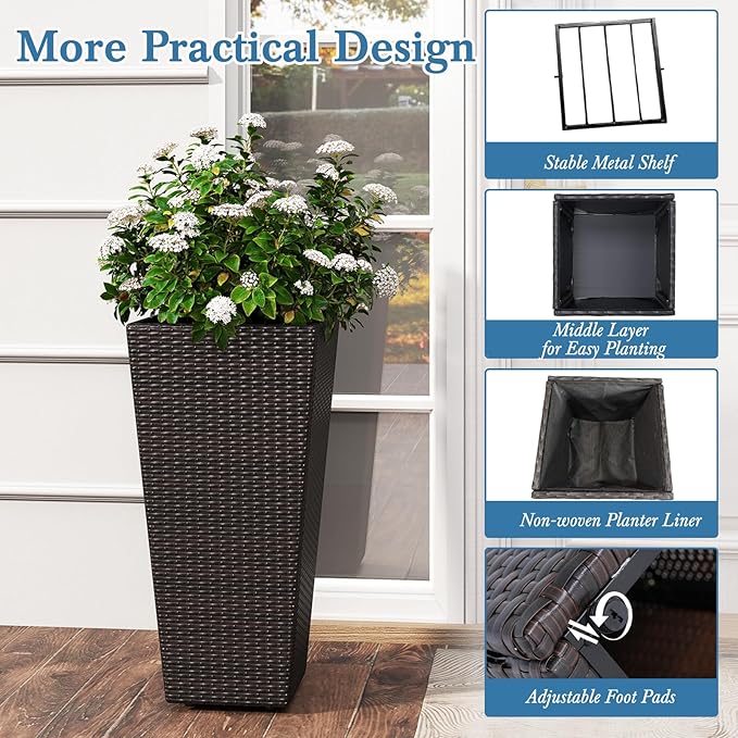 HAPPYGRILL 30 Tall Plant Pot Set of 2 Modern Decorative Flower Pots w/Open-Ended Base PE Rattan Frame Non-Woven Soil Bag Square Textured Flower Pots for Outdoor Garden Patio Front Porch