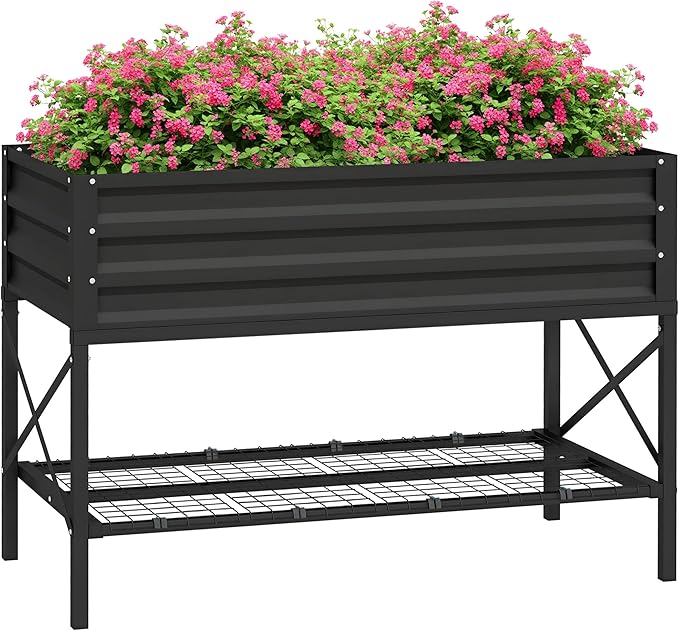 Outsunny Raised Garden Bed with Galvanized Steel Frame Storage Shelf and Bed Liner Elevated Planter Box with Legs for Vegetables Flowers Herbs Black