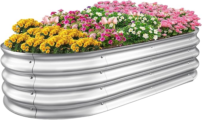 Sponvatt Raised Garden Bed - Outdoor Galvanized Raised Garden Bed Planter Boxes Large Oval Metal for Gardening Planter Box KitSuitable for VegetablesHerbs and Flowers Silver (8x4x1 Ft)