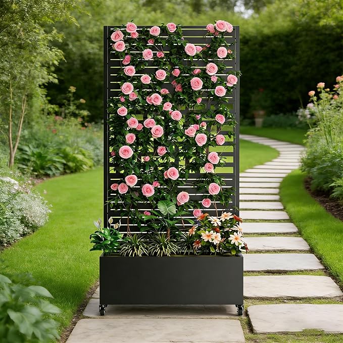 Sturdy 47x16x73 Inch Galvanized Steel Raised Garden Bed with Trellis Metal Planter Box on Wheels for Patio Privacy Screen 12 Inch Deep Root Mobile Vertical Garden Planter for Climbing Plants (M2)