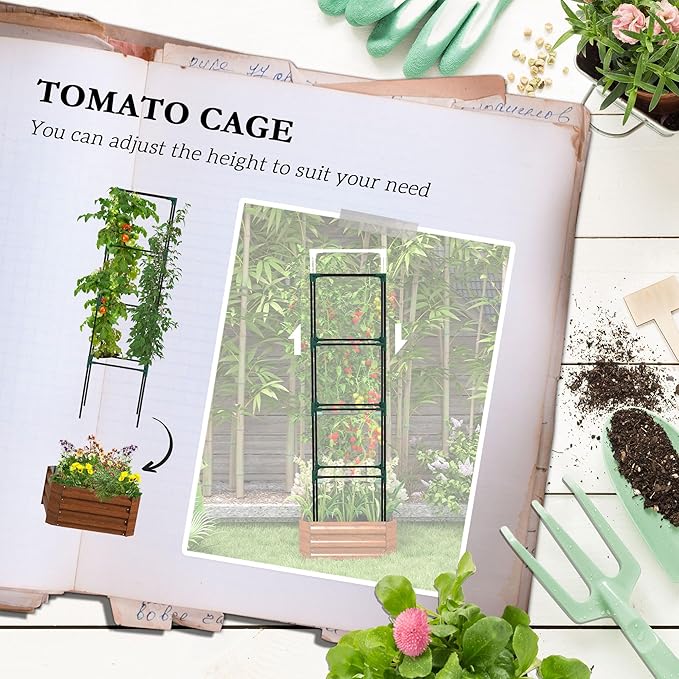 Galvanized Steel Raised Garden Bed with Trellis Tomato Cage 24x24x11.75 - Open Bottom Planter for Backyard Vegetables Climbing Vines Flowers