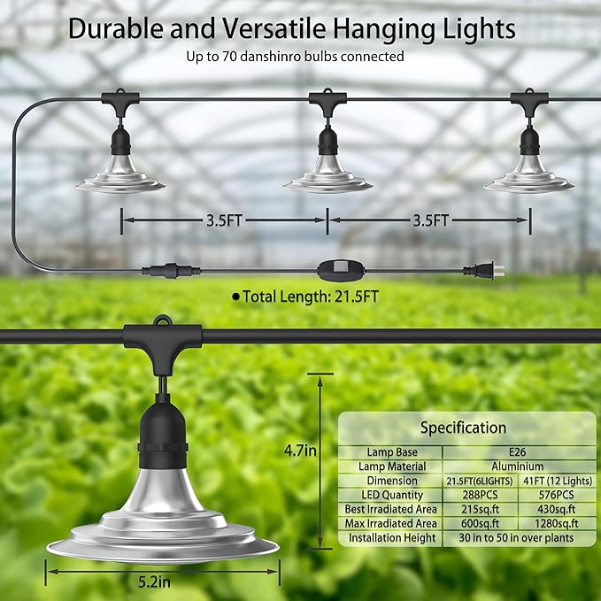Outdoor LED Grow Light Waterproof String Plant Growing Light 21 FT Full Spectrum Growth Light Suitable for Garden Farm Flower Seedling Greenhouse Grow Light (6 Light)