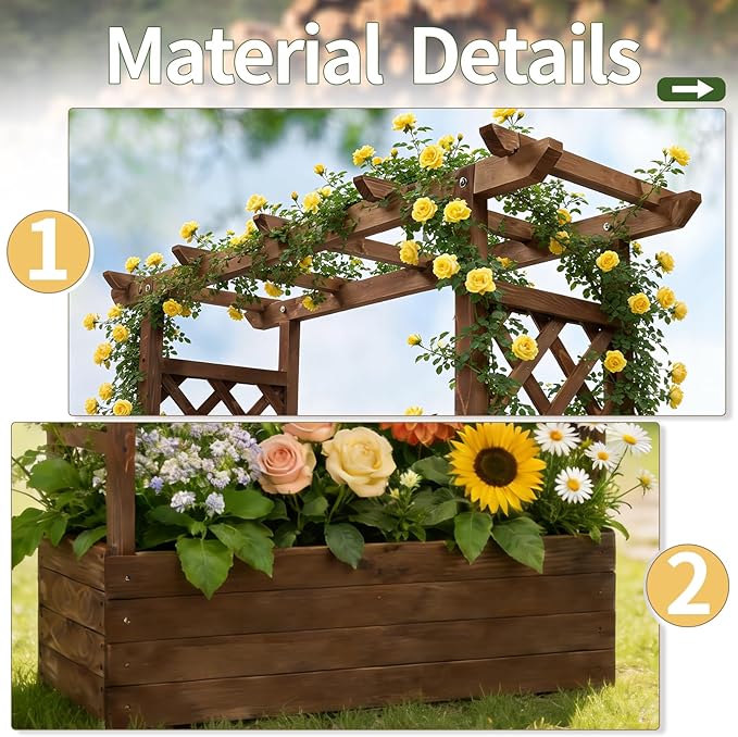VINGLI Raised Garden Bed with Trellis &amp Hanging Roof Wooden Garden Bed Outdoor Planter Box for Yard Garden Balcony (Carbonized Wood Color Medium)