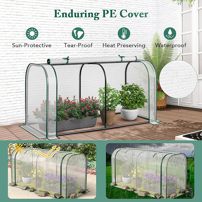 Raised Garden Bed with Greenhouse Waterproof Sun-Protective Green House with Roll-Up Door &amp Electroplated Metal Frame Pine Wood Elevated Planter Box with Drainage Holes(White+Natural)