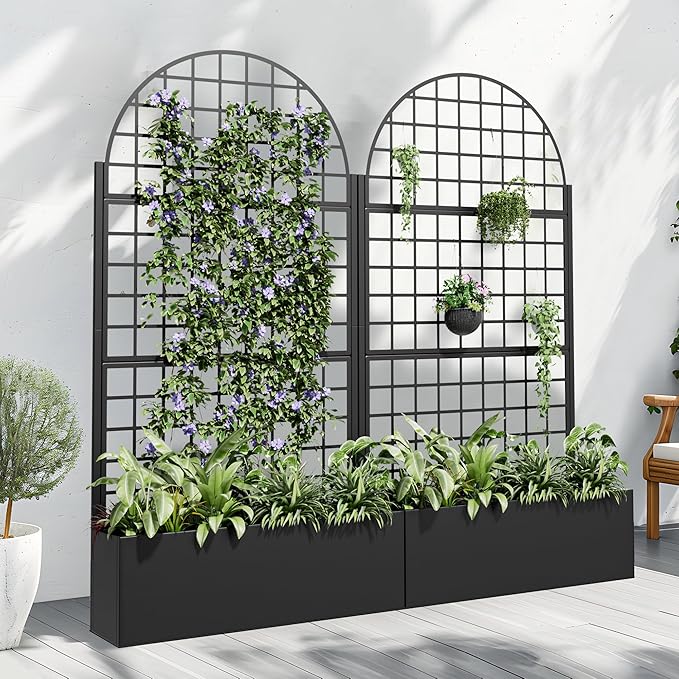 Casaphoria Metal Raised Garden Bed with Trellis and Wheels 72x35x16 Arched Planter Box for Climbing Plants Vegetables &amp Vines Features Drainage Holes and Privacy Screen (Black-Grid)