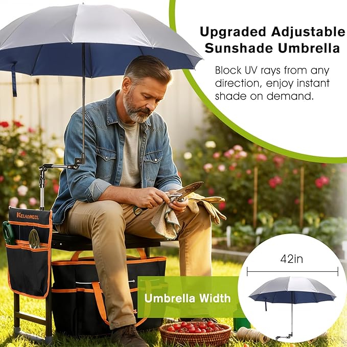 Garden Kneeler and Seat with Umbrella 2-in-1 Foldable Gardening Stool with Adjustable Bracket Detachable Tool Bags Heavy Duty Kneeling Pad for Gardening (Black Orange)