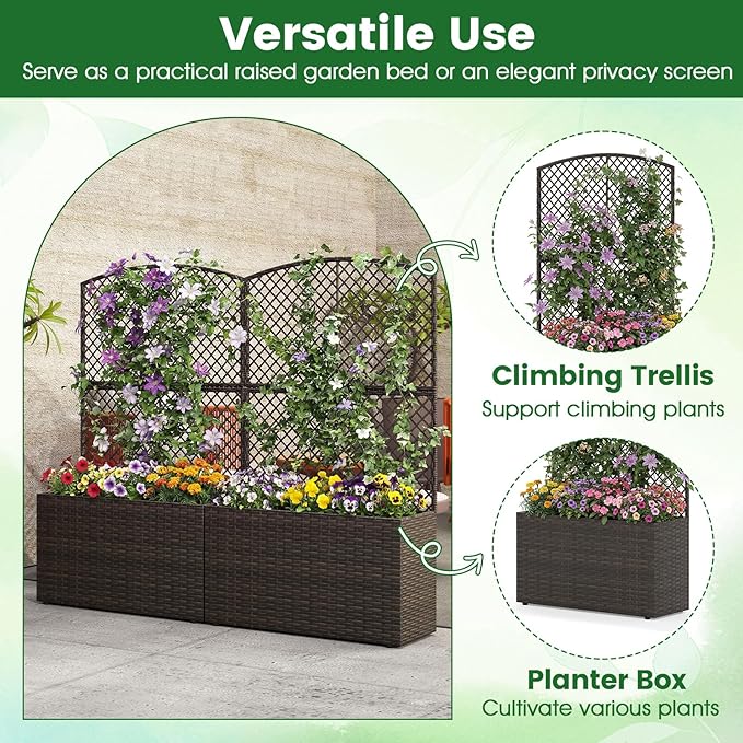 HAPPYGRILL Raised Garden Bed with Trellis 49 Wicker Planter Box w/Privacy Screen Liner Drainage for Patio Balcony Outdoor PE Rattan Elevated Garden Bed for Climbing Plant Vine Flower (Brown2)