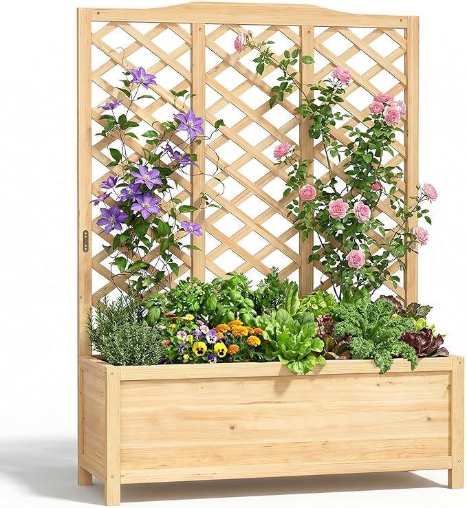 Wooden Raised Garden Bed with Trellis Freestanding Planter Box with Drainage for Vines Climbing Plants Flowers Herbs Elevated Gardening Planter for Backyard Balcony Patio