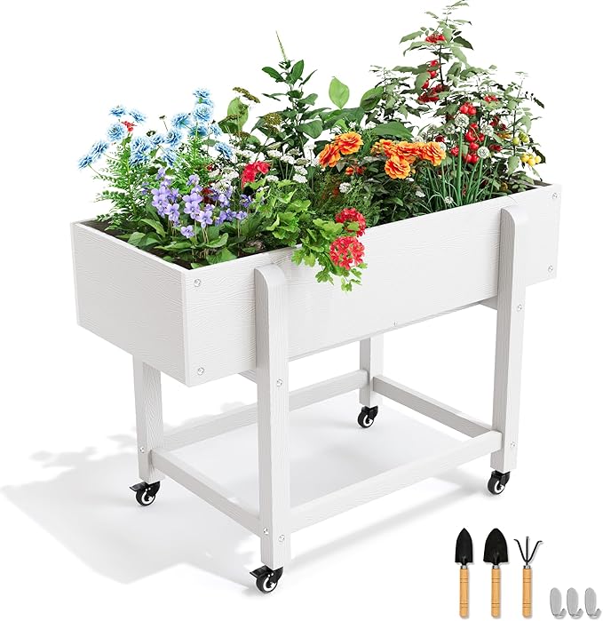 LUE BONA Raised Garden Bed with Wheels 39.4 * 16.7 * 28 in Poly Elevated Outdoor Planter Box with Tools Weather Resistant Standing Growing Bed Herb Planter for Vegetable Flowers Fruits