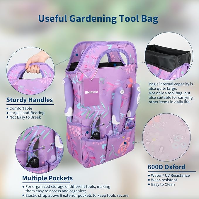 Purple Garden Tool Sets 10-Piece Aluminum Alloy Steel Hand Tools w/Non-Slip Ergonomic Handle Floral Print Garden Supplies Organizer Handbag Cute Gardening Tools Gift for Women Grandmother