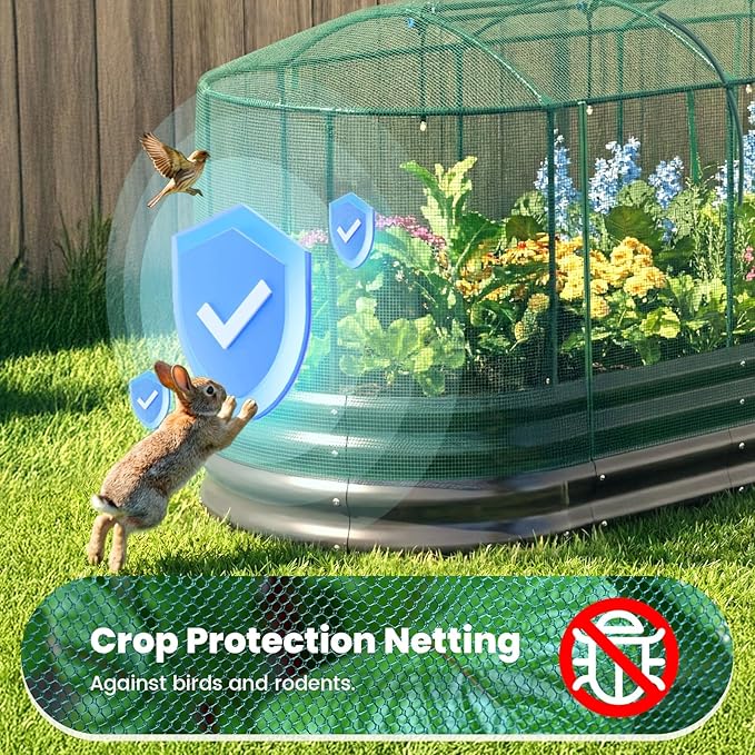 Quictent Galvanized Raised Garden Bed Kit with Self Watering System and Mesh Cover Large Oval Metal Outdoor Planter Garden Boxes for Vegetables Herbs Flowers 8x3x1Ft