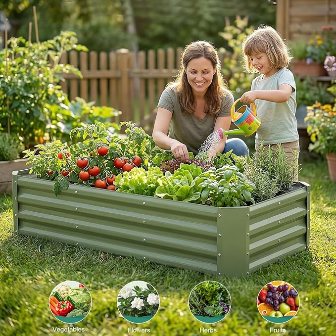 Galvanized Raised Garden Bed - 4x2x1ft Metal Garden Planter Box Outdoor | Steel Raised Bed Kit with Bracing Rods Gloves for Gardening Vegetables Fruits and Flowers (Oliver Green)