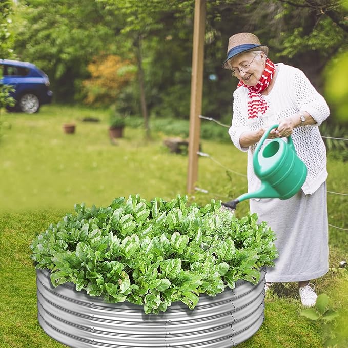 PINPON 4x4x1ft Round Galvanized Raised Garden Bed Outdoor Large Metal Planter Box for Vegetables Flower and Herb Garden Above Ground Galvanized Steel Garden Bed for Backyard Patio