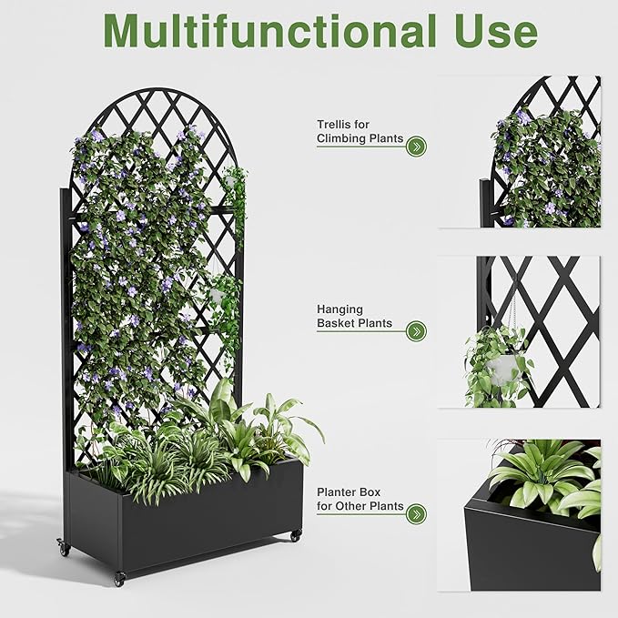 Casaphoria Metal Raised Garden Bed with Trellis and Wheels 72x35x16 Planter Box for Climbing Plants Vegetables &amp Vines Features Drainage Holes and Privacy Screen (Black-Rhombus)