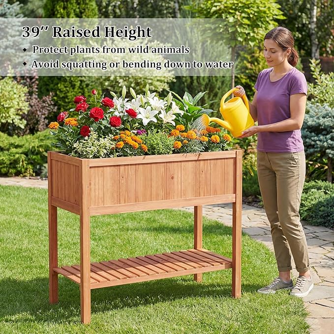 Giantex Raised Garden Bed Wood Planter Box with Plant Stand &amp Black Liner 40x20x39 Raised Bed for Indoor Outdoor Plants Vegetables Flower Herbs Fruit Gardening (2Reddish Brown)