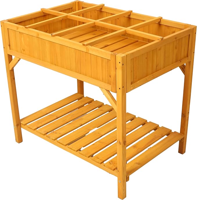 Raised Garden Bed with Legs Wooden Elevated Planter Box with 8 Grids Divider Protective Liner Standing GPlanter Bed for Vegetables Flowers Herbs on Deck Patio Backyard