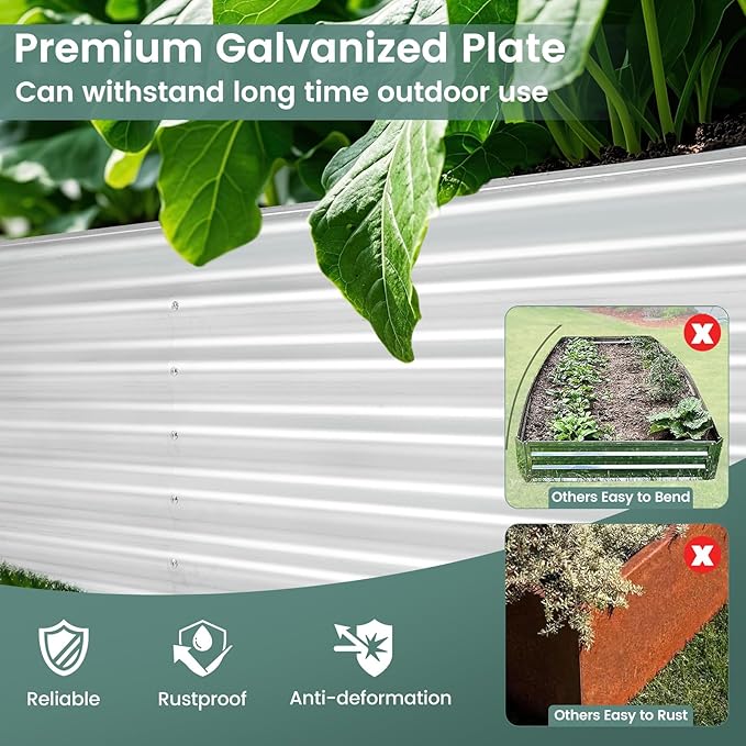 Rectangular Raised Garden Bed Galvanized Garden Planter with Open Bottom Sprayed Plate &amp Corner Protectors Outdoor Metal Planter Box for Vegetables Flowers &amp Herbs (Sliver)