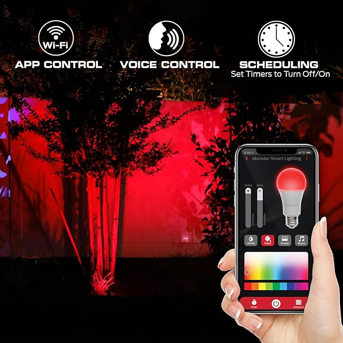 Monster Smart Outdoor RGB+IC+WW Spotlights 2 Pack Dimmable LEDs Sound Reactive IP44 Water &amp Weather Resistant Compatible with Alexa Siri Google Home Monster App Razer Chroma Voice Control