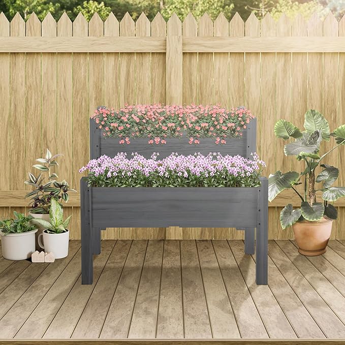 34x34x28 Raised Garden Bed 2-Tier Elevated Wood Planter Box for Backyard Patio to Grow Vegetables Herbs and Flowers Gray