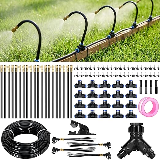 100Ft 360° Adjustable Drip Irrigation System Kit 1/4 Inch PE Tubing with 20 Bendable Nozzles Automatic Garden Watering System for Greenhouse Lawn Raised Bed Flower Bed
