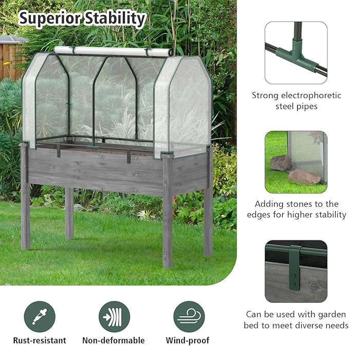 Raised Garden Bed with Greenhouse Cover Elevated Wooden Planter Box Outdoor Gardening Planting Bed for Vegetables Flowers &amp Herbs Grow Backyard Patio Lawn (White+Gray)