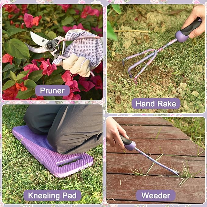 Gardening Tools WisaKey 10 Piece Heavy Duty Purple Garden Tool Set Durable Garden Supplies Organizer Bag Garden Hand Tools Grandmother Granny Valentine's Gift for Woman