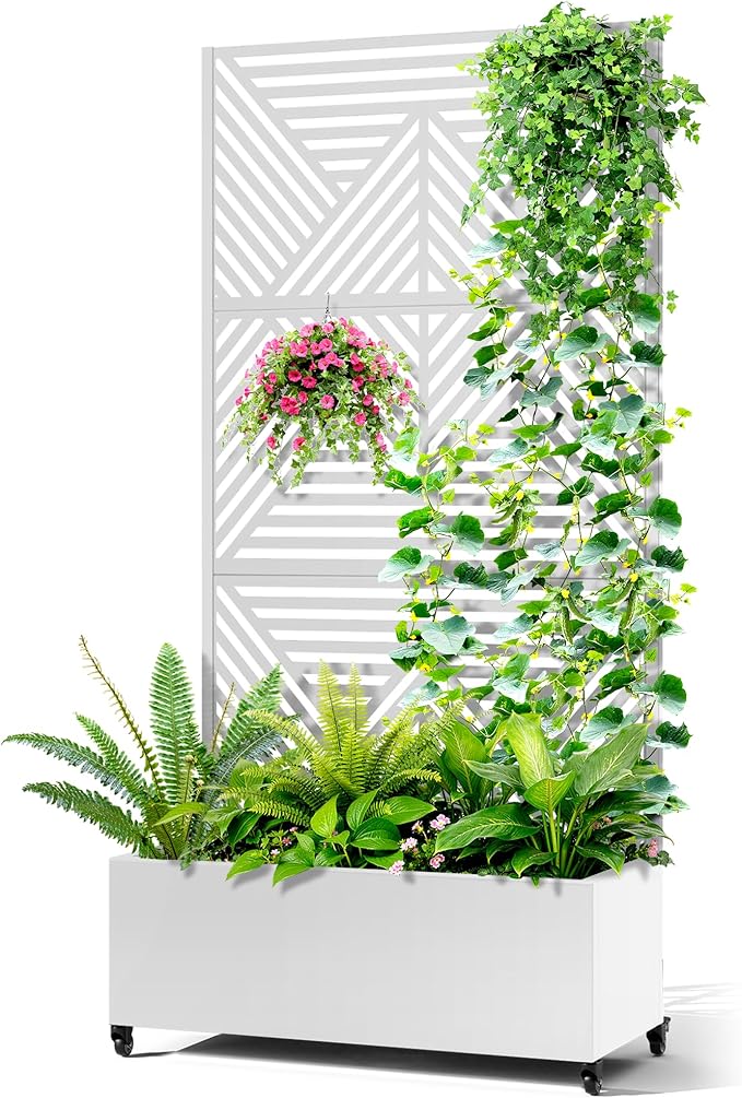 Metal Raised Garden Bed with Trellis 2-in-1 Planter Box &amp Privacy Screen for Climbing Plants Outdoor Standing Flower Bed with Drainage Holes 35.4 L x 15.7 W x 70.1 H White-Zodiac