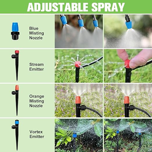 230FT Drip Irrigation System for Garden with 40 Nozzles &amp Emitters Garden Watering System with 1/2 &amp 1/4 Tube and Barbed Fittings - Adjustable Sprinklers Kit for Greenhouse Lawn Raised Be