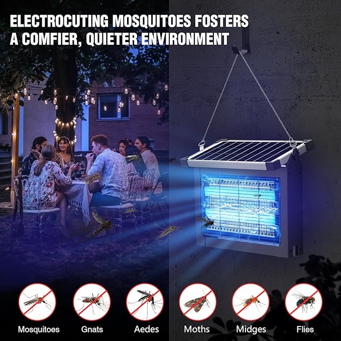 Solar Bug Zapper Outdoor 4500V Mosquito Zapper Waterproof with Panel Sensor Electric Fly Zapper Rechargeable Mosquito Killer with 10FT Extension Cord Fly Trap Ideal for Patio Backyard Camping
