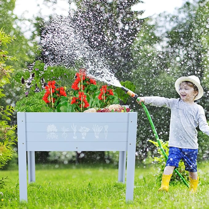 Kids Raised Garden Bed with DIY Chalkboard 30 x 24 x 18 Inch Wooden Elevated Raised Garden Bed for Kids Outdoor Planter Box with Legs for Vegetables Grass Lawn Yard Light Blue