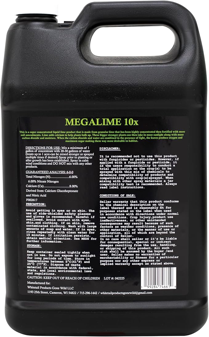 Mega Lime 10X Food Plot Liquid Soil Conditioner/Fertilizer Treats 1 Acre 1 Gallon Jug Made in Wisconsin G6619