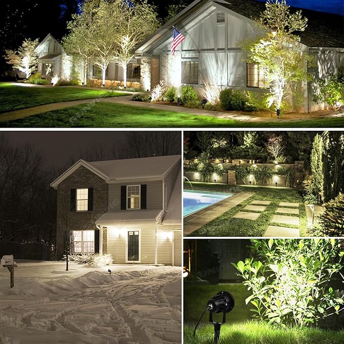 SUNVIE 120V Spot Lights Outdoor LED Landscape Lighting 12W AC Spotlights for Yard Waterproof Landscape Spotlight with Spiked Stake for Tree Garden Pathway Warm White Flag Lights US 3-Plug in 4 Pack