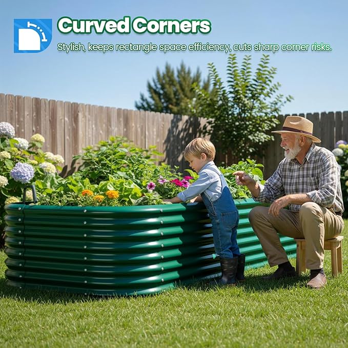 Quictent Galvanized Raised Garden Bed Kit 8x4x2 ft Oval Metal Planter Box Tall for Vegetables Outdoor Backyard Strengthened by Crossbar Dark Green