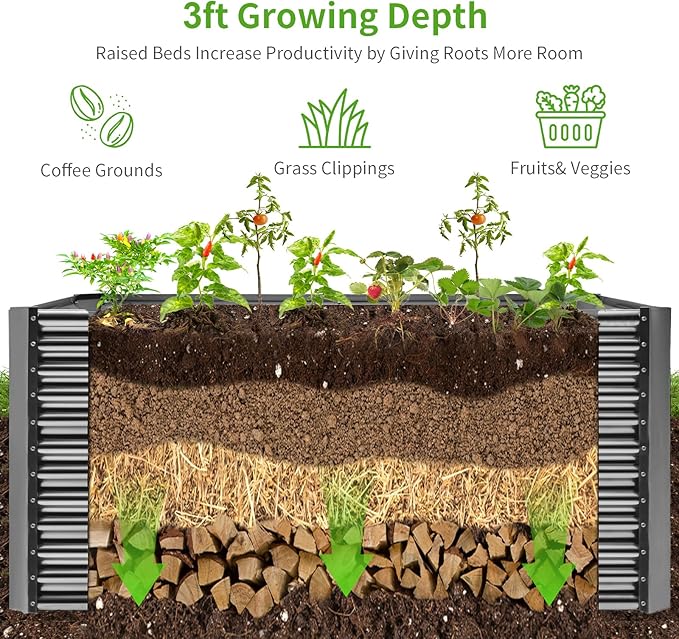 Land Guard 8x4x3ft Rectangular Galvanized Raised Garden Beds Large-Capacity Metal Planter Box Outdoor Durable Deep Raised Garden Bed 3ft Tall Raised Beds for Gardening Vegetables Modern Gray