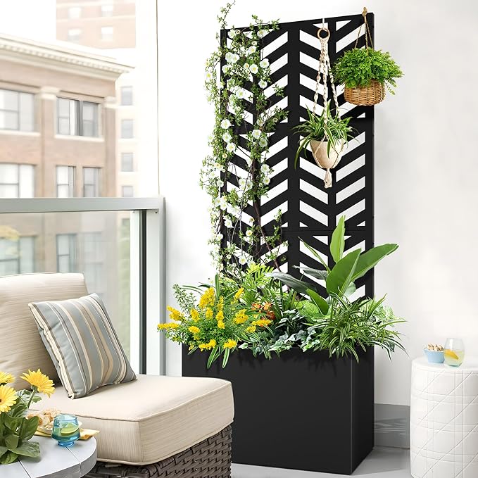 FENCY Metal Planter Box with Trellis Planter Trellis for Climbing Plants Vegetable Vines Trellis with Planter Box &amp Privacy Screen Raised Garden Bed with Drainage Holes (23.6 L x 63 H/Arrow)