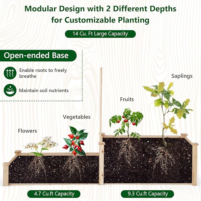 Giantex Raised Garden Bed with Trellis Set of 2 Wood Shallow &amp Deep Planter Box for Climbing Plants Cucumber Vegetables Flowers Herbs Fruits Easy Assembly Outdoor Rectangular Floor Gardening Be