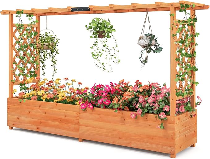 ORALNER Raised Garden Bed with Trellis Wooden Planter Box with Climbing Frame Outdoor Elevated Garden Box for Vegetables Herbs Flowers Fruits (Large)