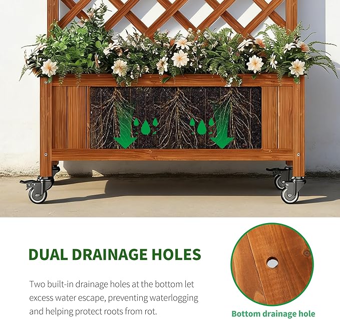 Upgraded 2-Pack 50 Tall Trellis Planter Box with Wheels 49.8H × 27.6W × 13.0D Solid Fir Wood Raised Garden Bed &amp Lattice Privacy Screen Rolling Planter with Drainage for Patio/Garden