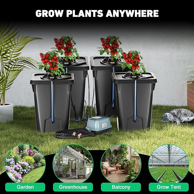4 Buckets DWC Hydroponics Growing System with Top Drip Kit 7 Gallon Deep Water Culture Bucket System with Air Pump Air Stone Air Hose Recirculating Drip Garden System