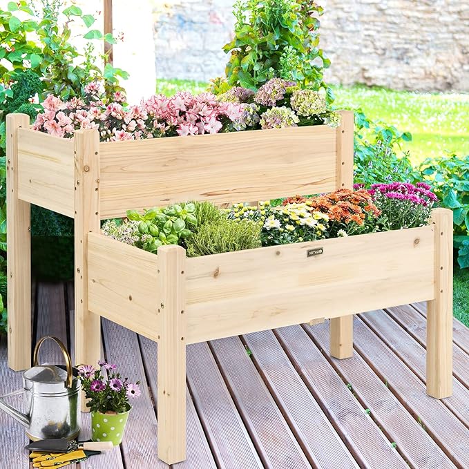 Giantex Set of 2 Raised Garden Bed Elevated Wood Planter Box Raised Bed Kit for Flowers Vegetables Fruits Herbs Outdoor Planting Container Patio Balcony Yard (Natural)