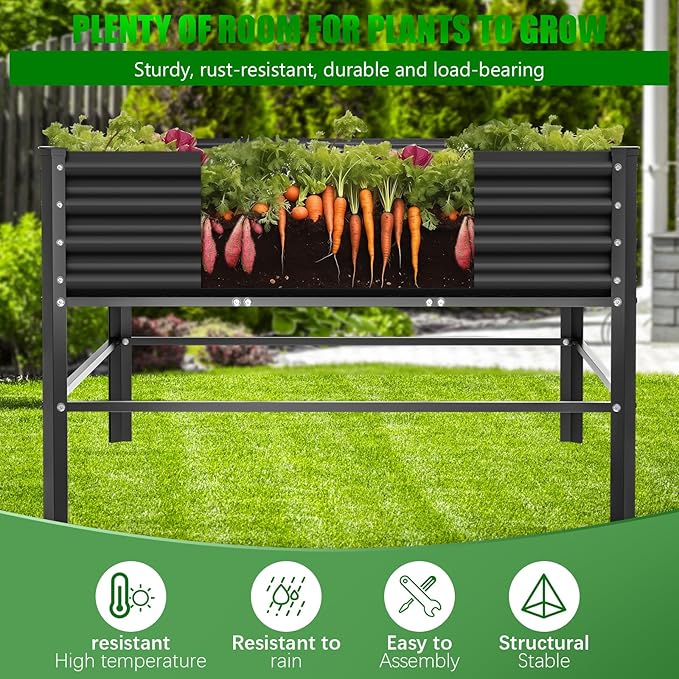 Raised Garden Bed with Legs 48×48×32in Large Metal Elevated Raised Planter Box1000lb Capacity with Drainage Holes for Vegetables Lawn Green Flowers Fruits Terrace